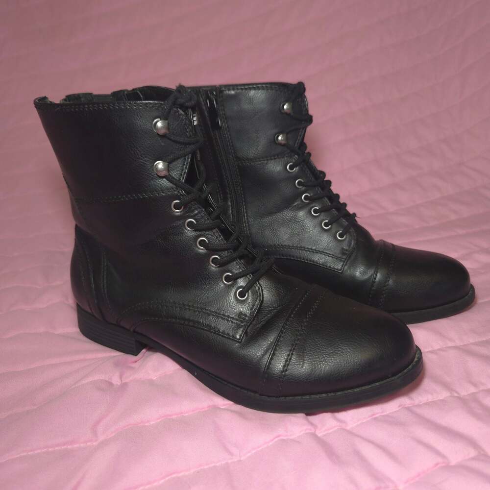 Torrid Black Faux Leather Lace-Up Combat Boots with Back and Side Zippers 11W